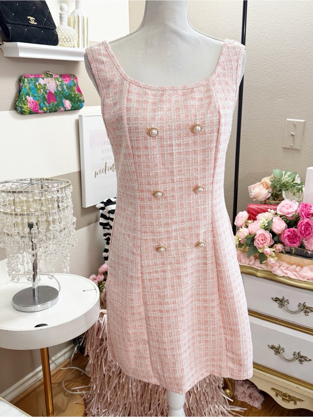 NWT Sleeveless Pink Tweed Mini Dress with Pearl Buttons size medium